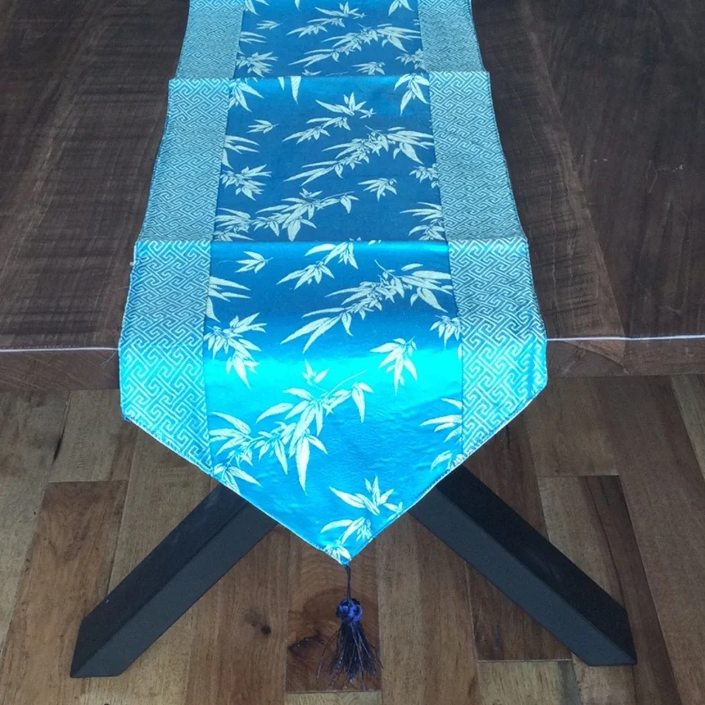 NEW Table Runner Aqua Blue with gold shimmery designs.